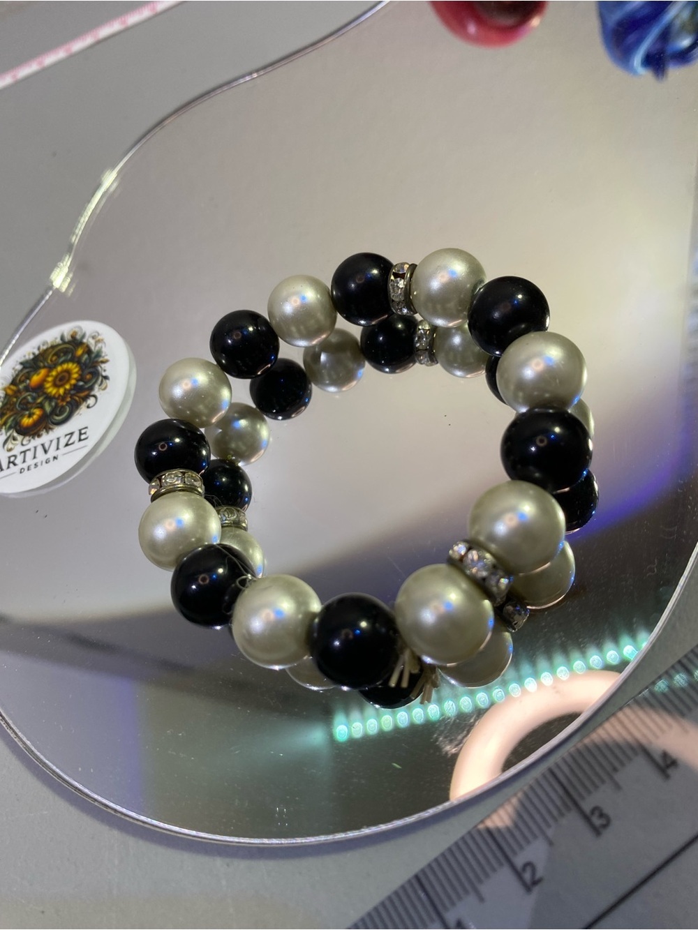 Elegant Black and Pearl Beaded Stretch Bracelet with Rhinestone Accents